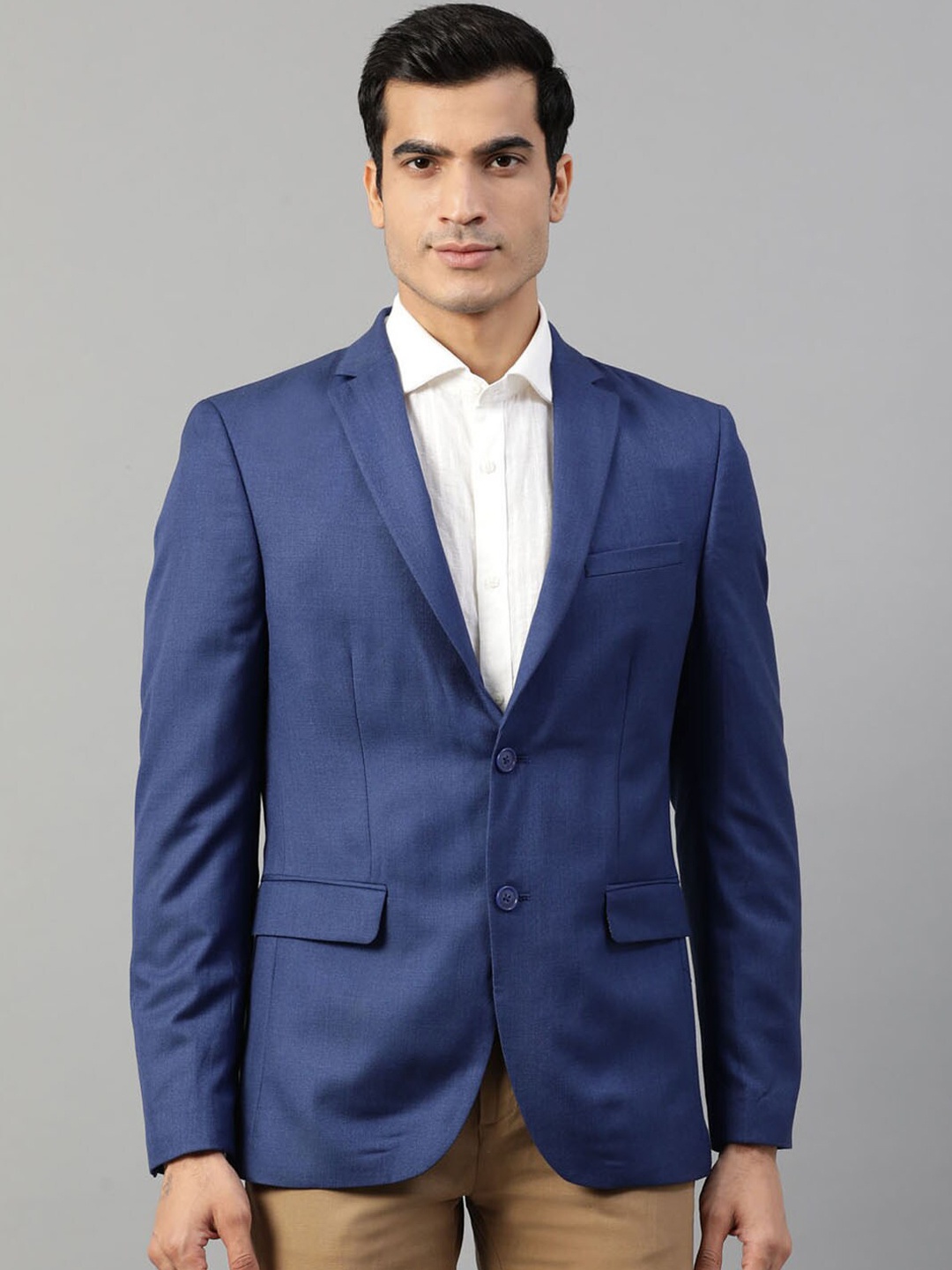 

HARSAM Men Blue Solid Single-Breasted Formal Blazer