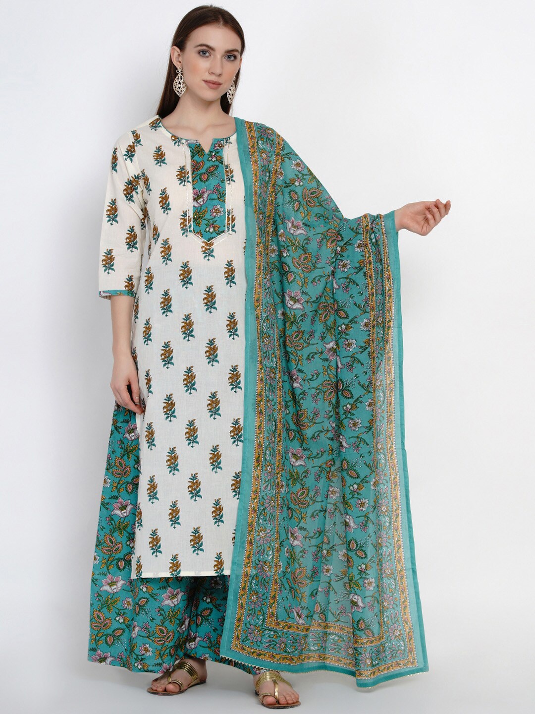 

Yuris Women White & Green Printed Kurta with Palazzos & Dupatta