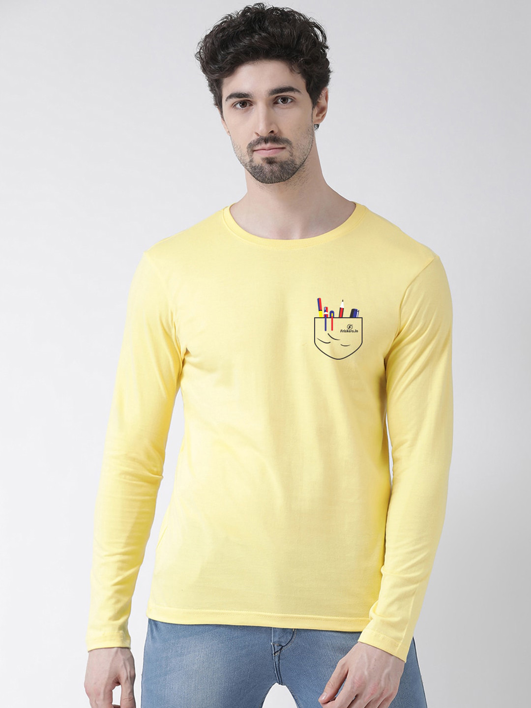 

Friskers Men Yellow Printed Round Neck Slim Fit Pure Cotton T-shirt