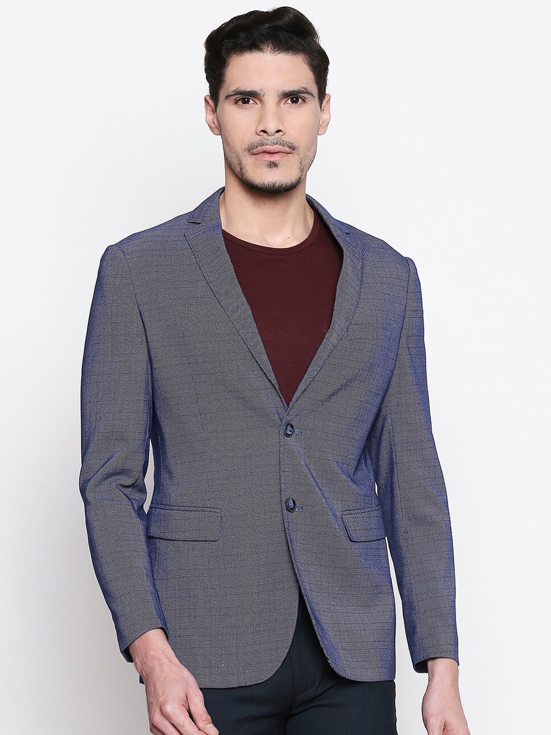 

Basics Men Navy Blue Self-Design Blazers