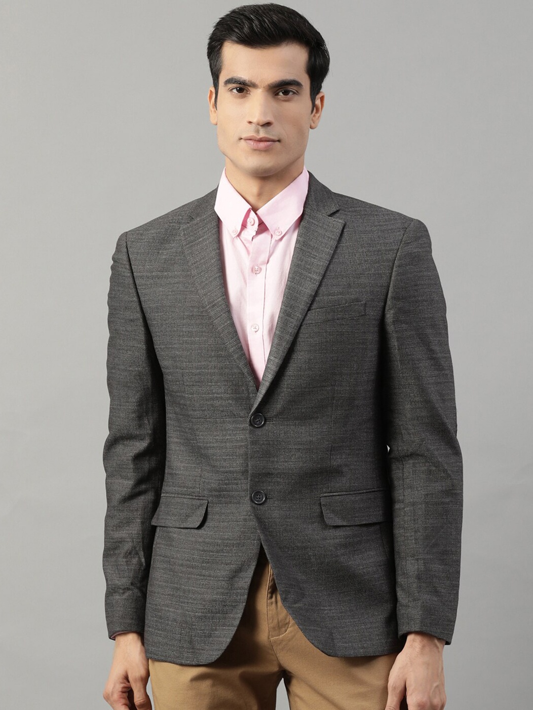 

HARSAM Men Grey Solid Single-Breasted Formal Blazer