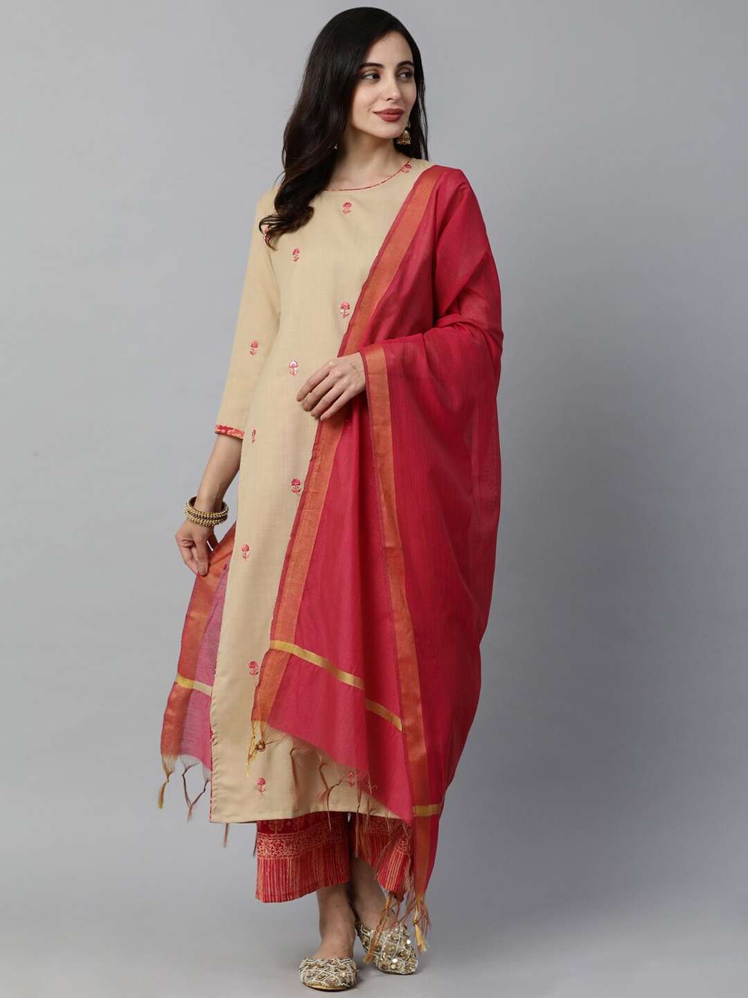 

Indo Era Women Beige & Red Embroidered Kurta with Palazzos & Dupatta