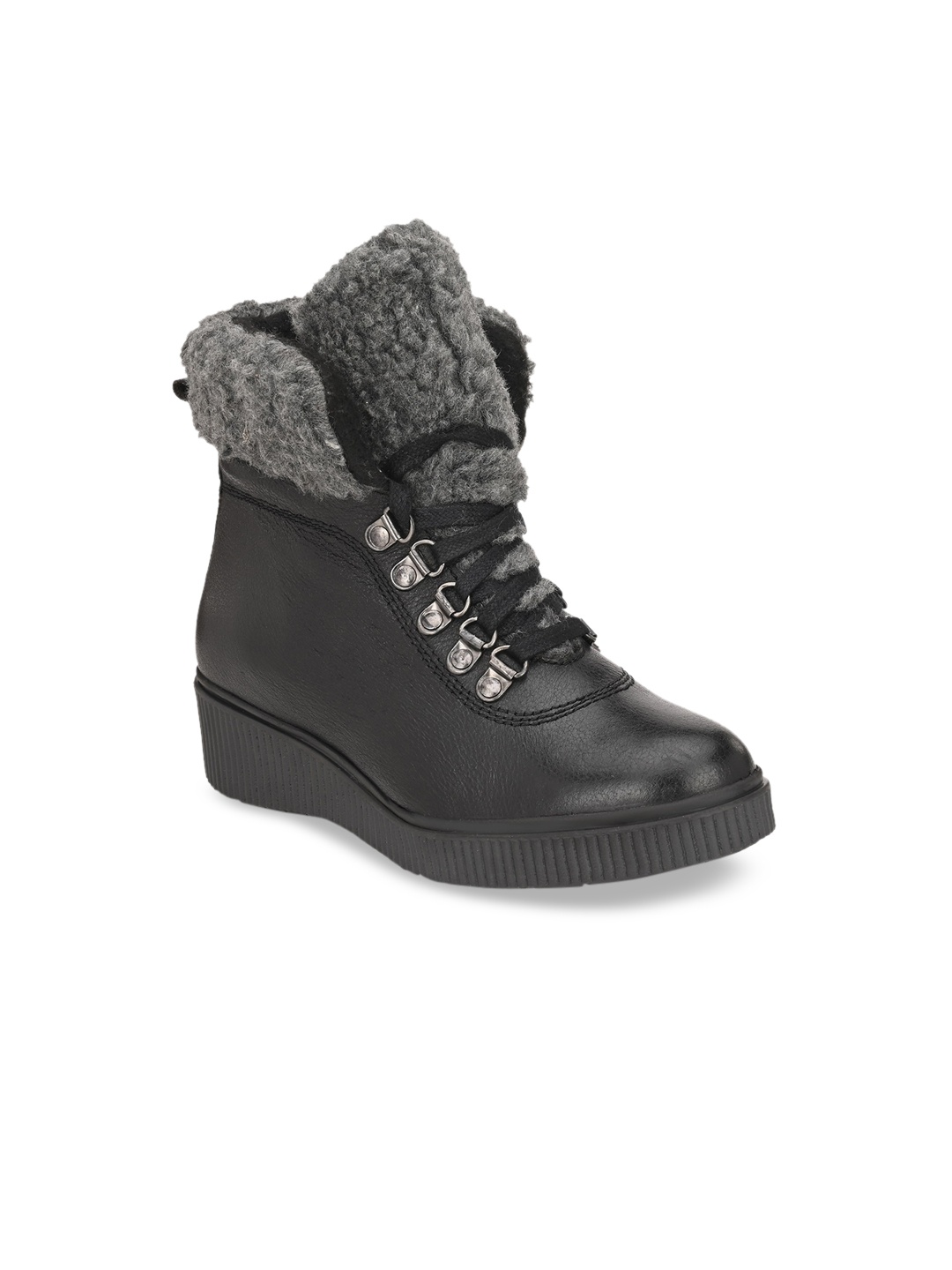 

Delize Women Black Solid Leather Mid-Top Flat Boots