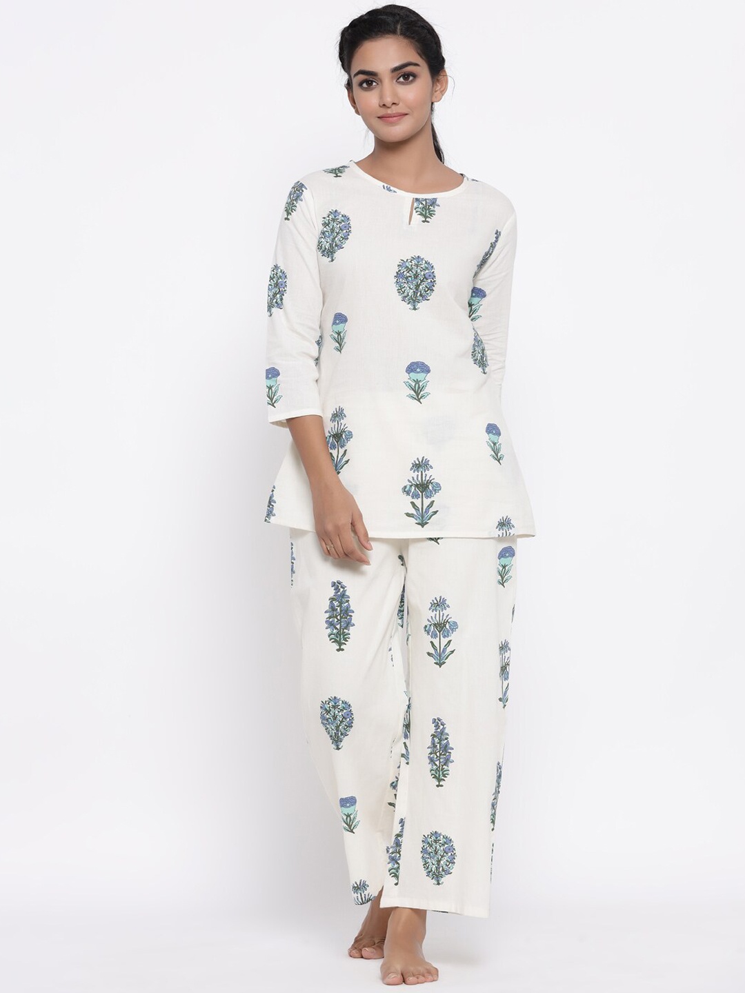 Fabriko Women White & Blue Printed Night suit