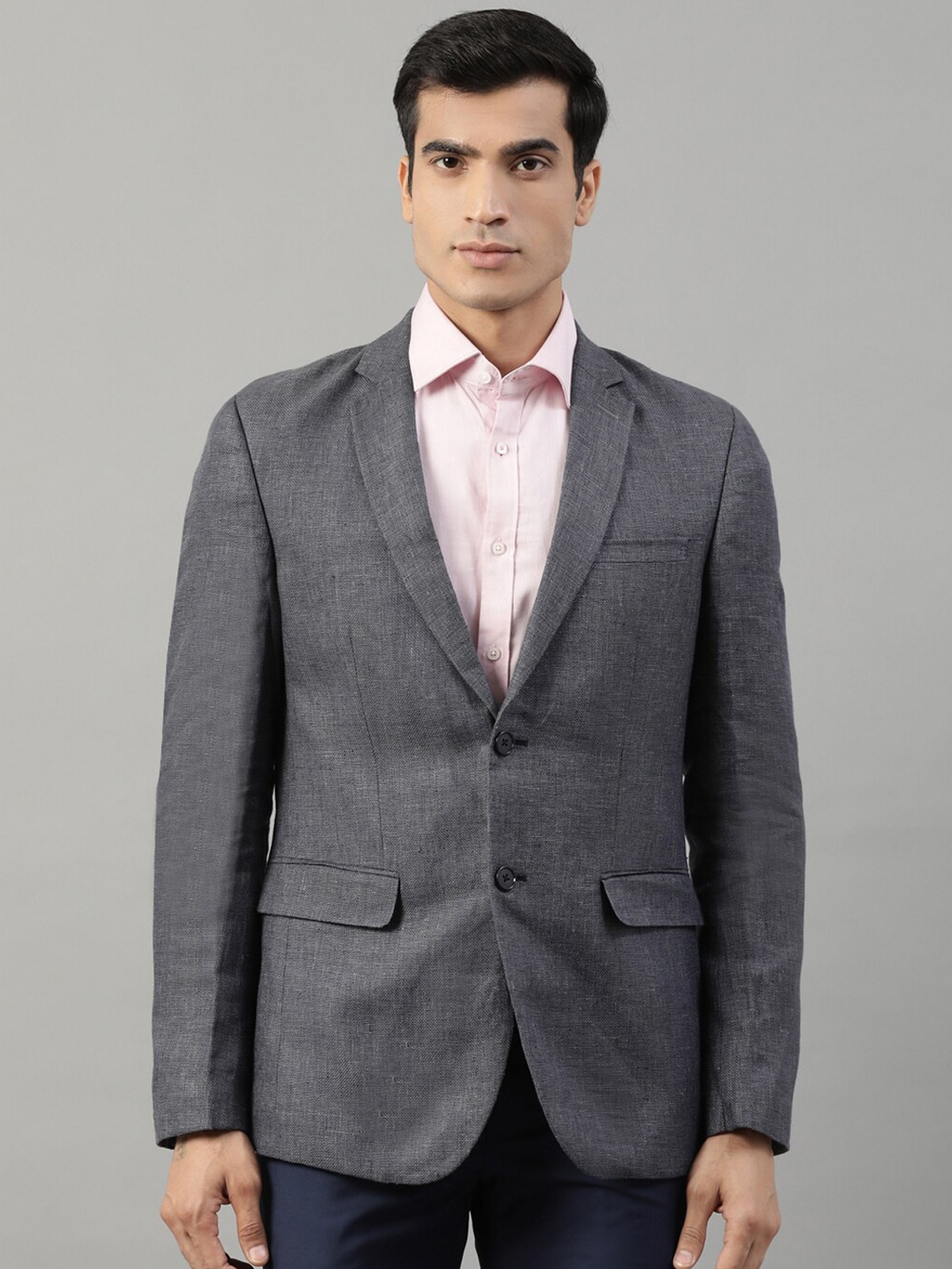 

HARSAM Men Grey Solid Single Breasted Linen Blazer