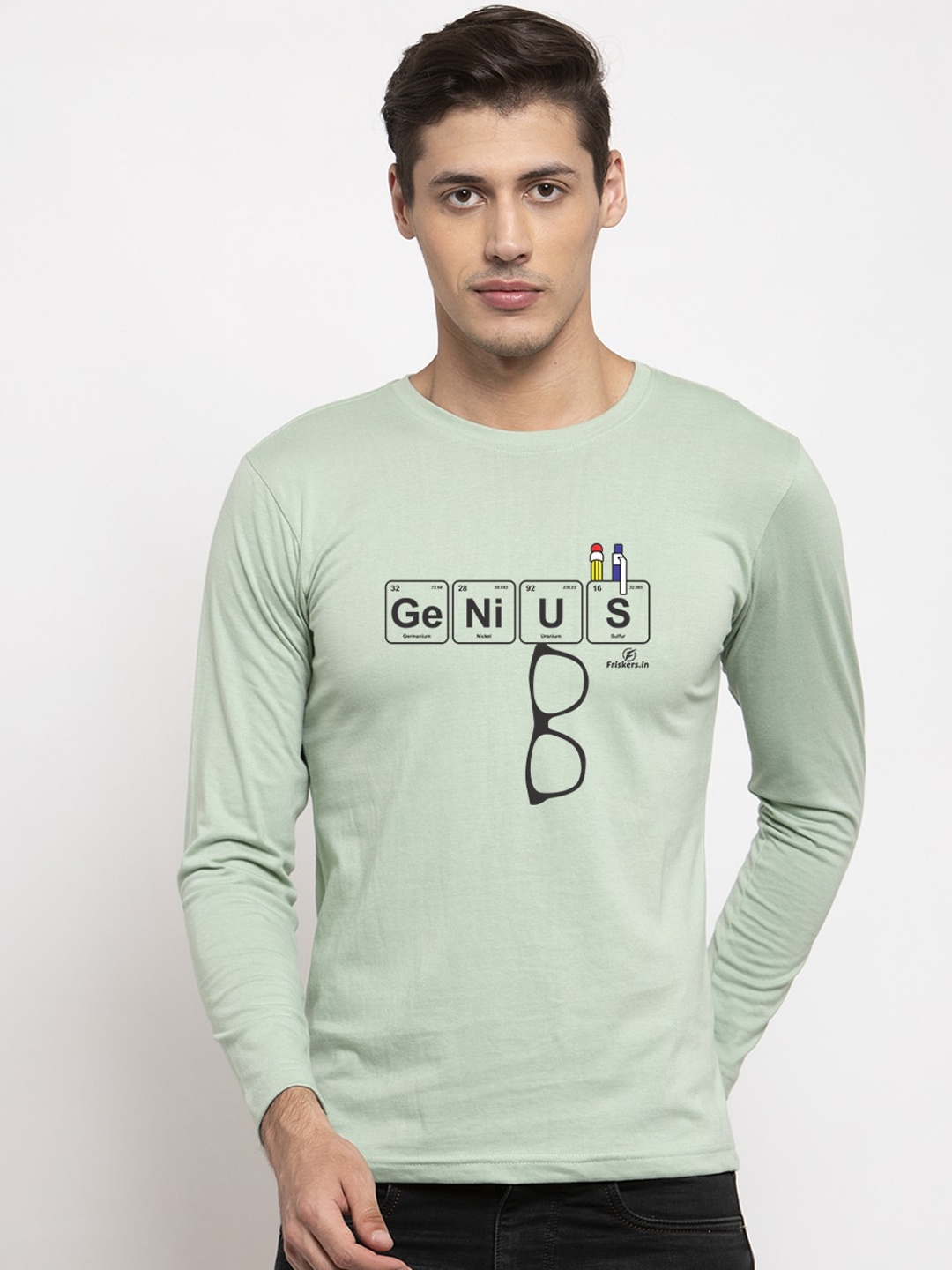 Friskers Men Sea Green Printed Round Neck Pure Cotton T-shirt