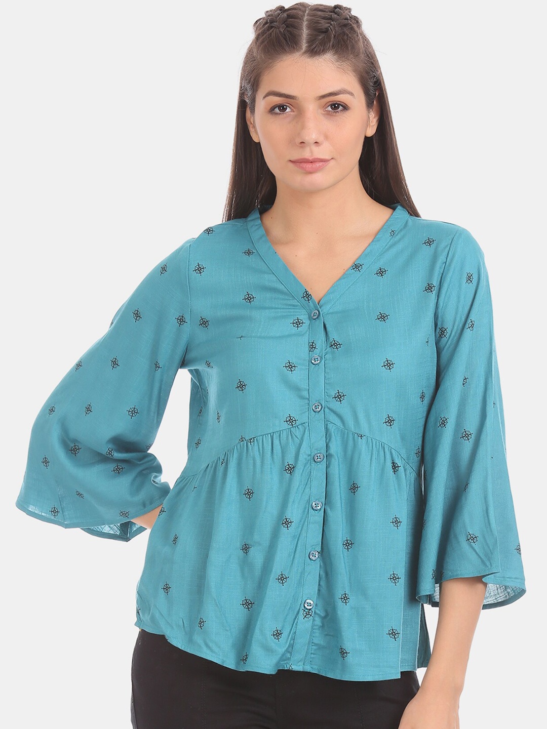 

Cherokee Women Teal Blue Printed Top