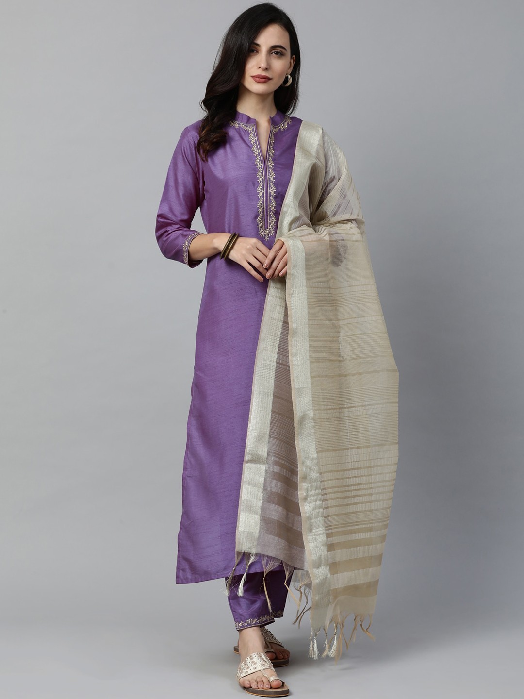 

Indo Era Women Purple Solid Kurta with Trousers & Dupatta