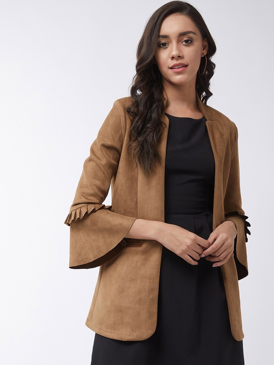 

Zima Leto Women Brown Solid Suede Blazer With Ruffle