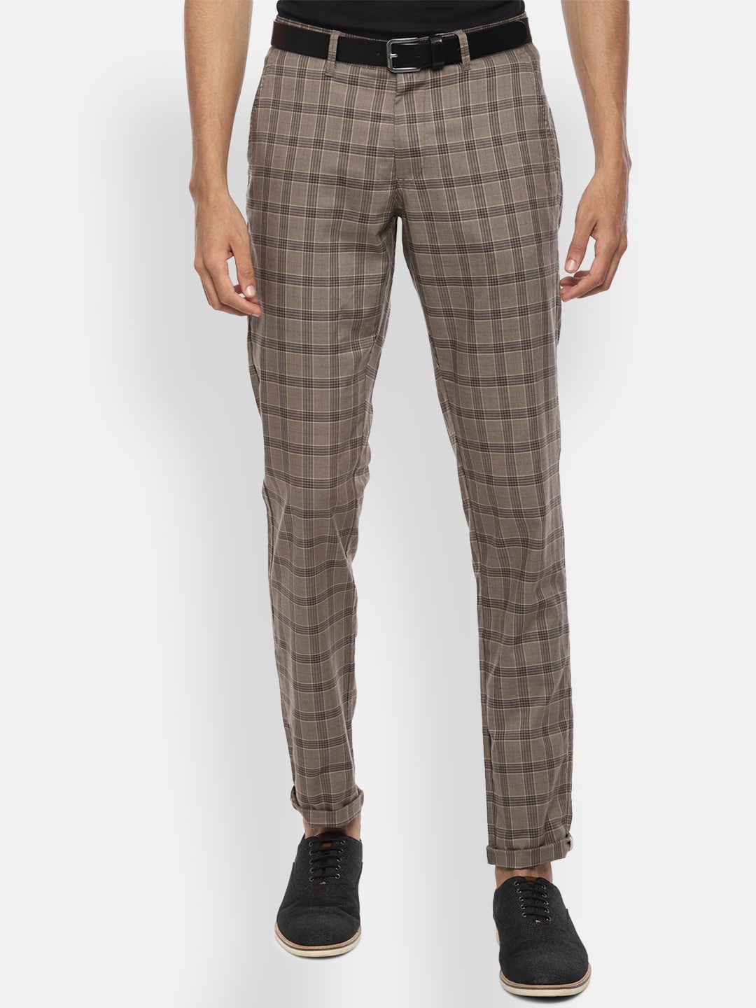 Van Heusen Sport Men Beige & Black Slim Fit Checked Chinos