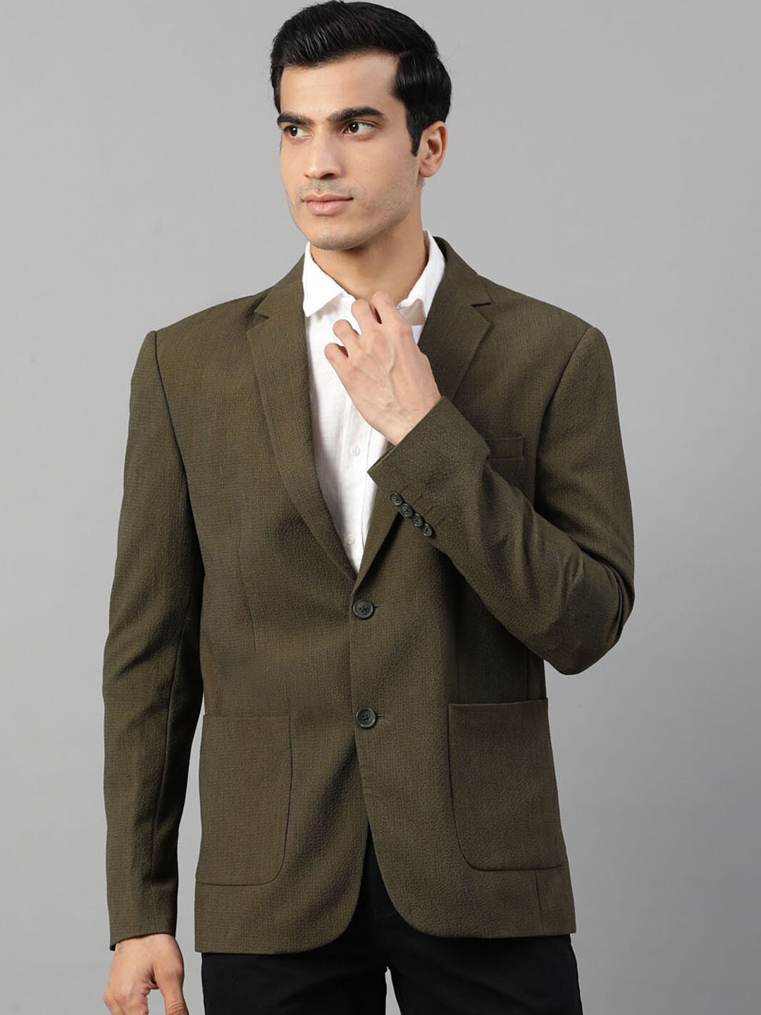 

HARSAM Men Olive Self Design Regular-Fit Single-Breasted Formal Pure Cotton Blazer