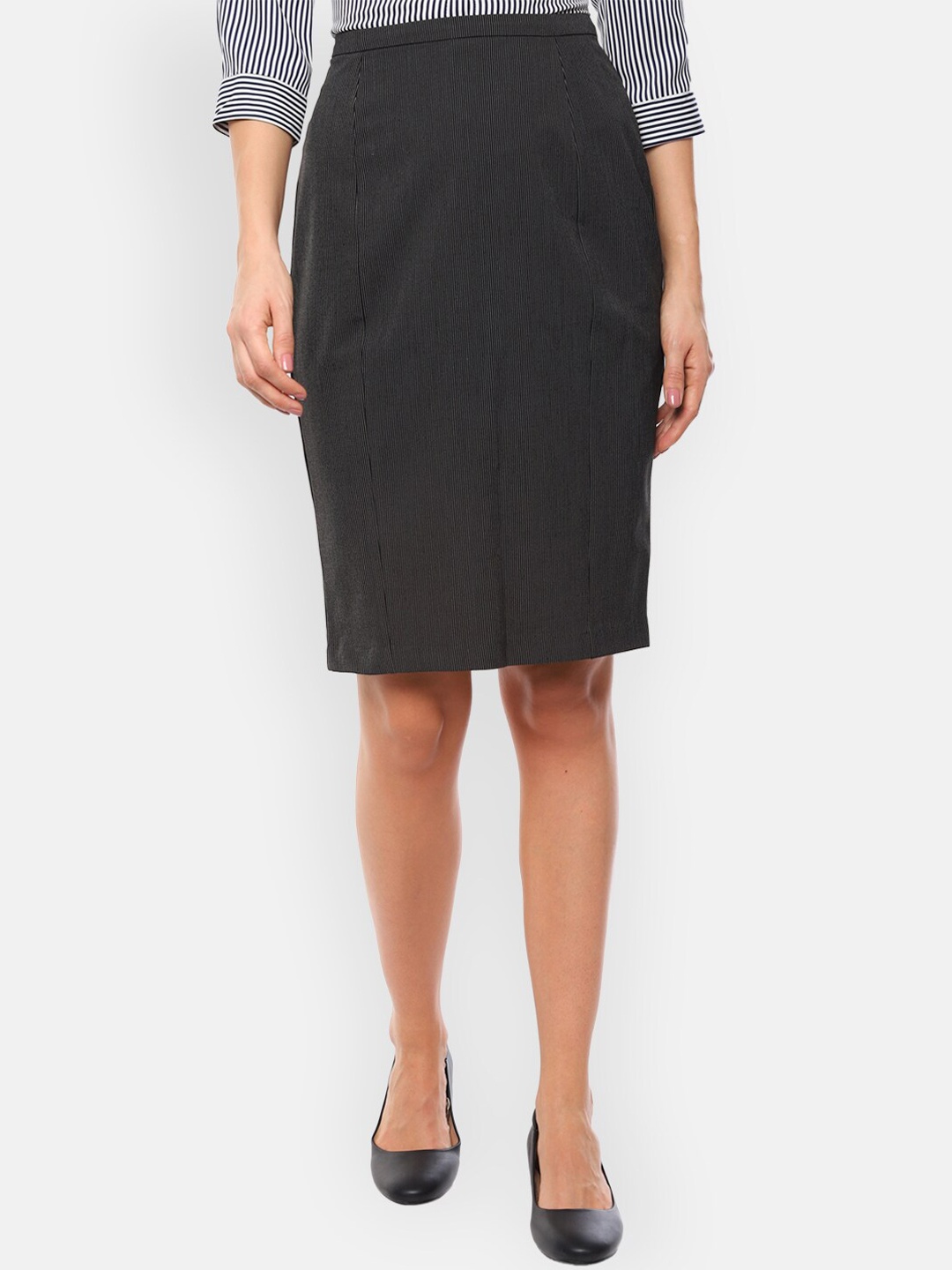 

Van Heusen Woman Charcoal Grey Self-Design Formal Pencil Skirt