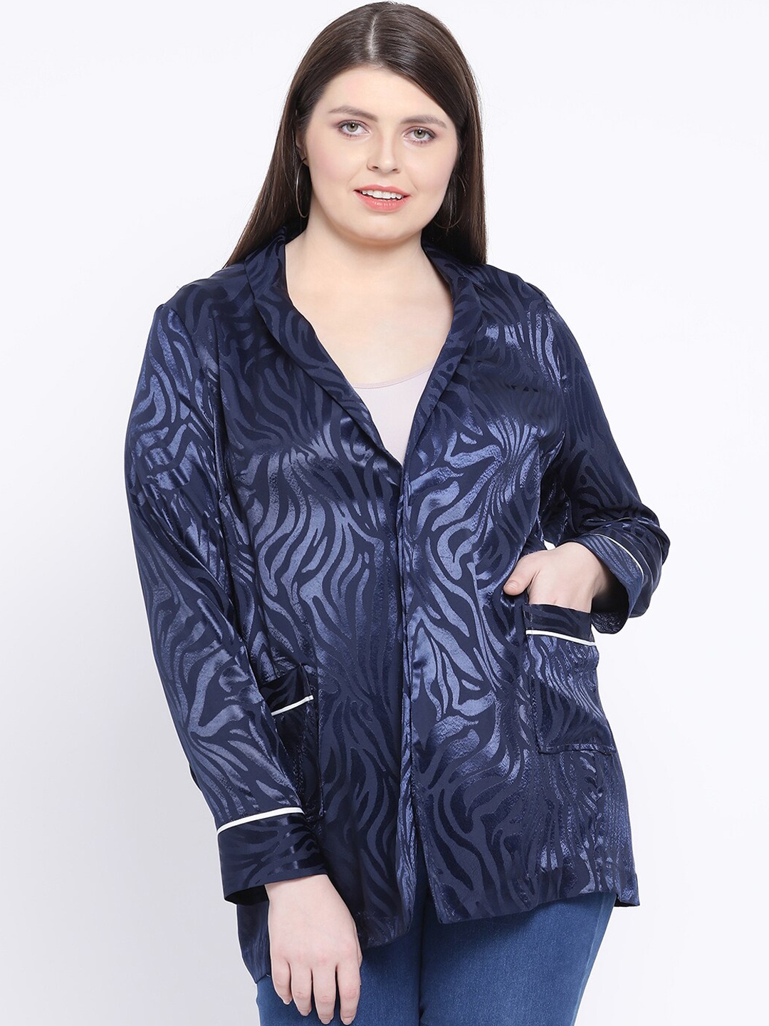 

Oxolloxo Women Navy Blue Printed Single-Breasted Casual Blazer