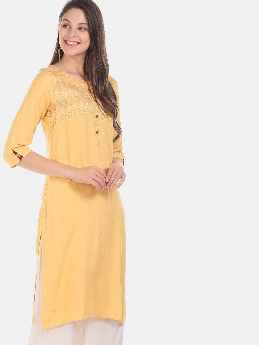 

Karigari Women Yellow Yoke Design Straight Kurta