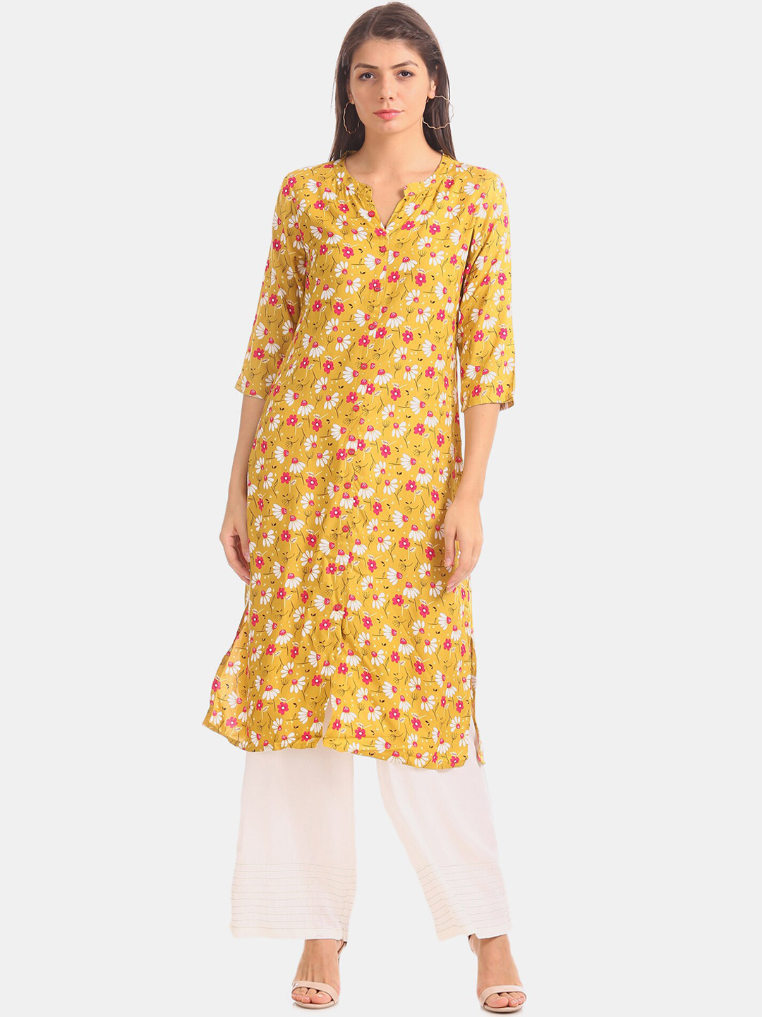 

Karigari Women Mustard Yellow & Red Printed Straight Kurta