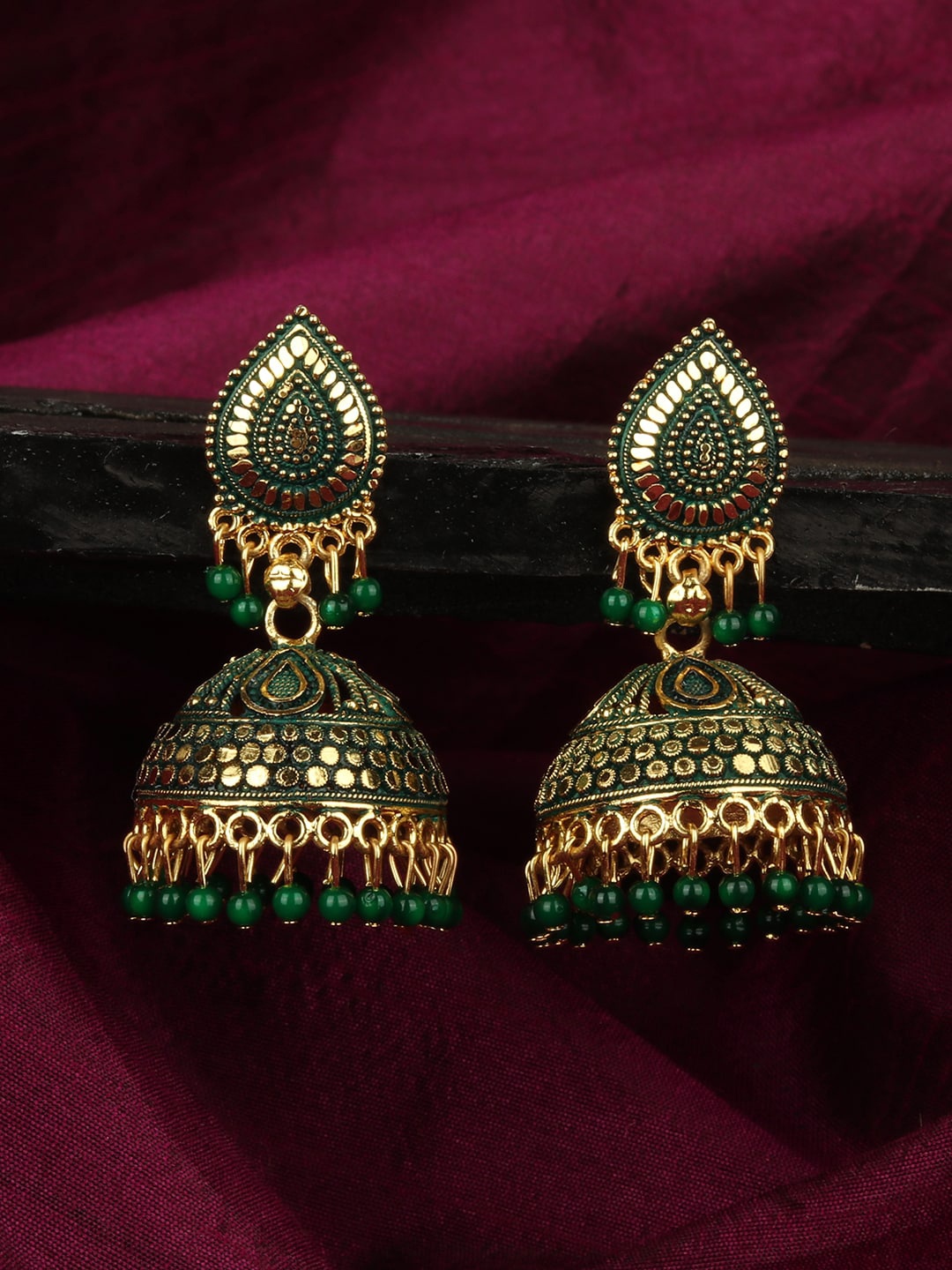 

ANIKAS CREATION Green & Gold-Toned Leaf Shaped Jhumkas