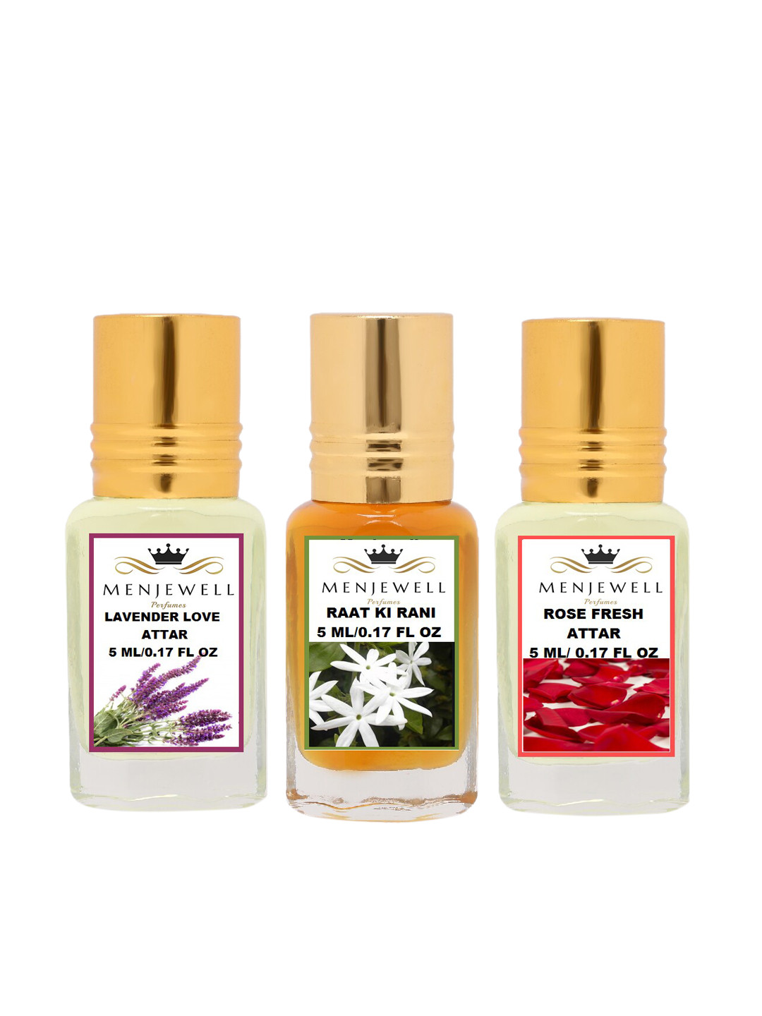 

Menjewell Pack of 3Pc Lavender Love Raat Ki Rani Rose Fresh Attar Perfume Each 5ml, Transparent