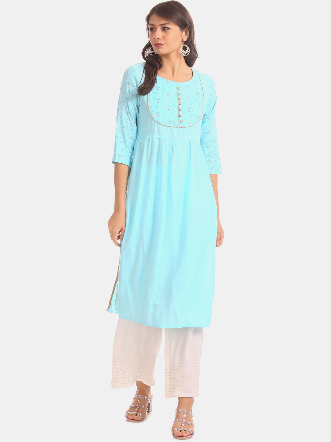 Karigari Women Blue Yoke Design A-Line Kurta
