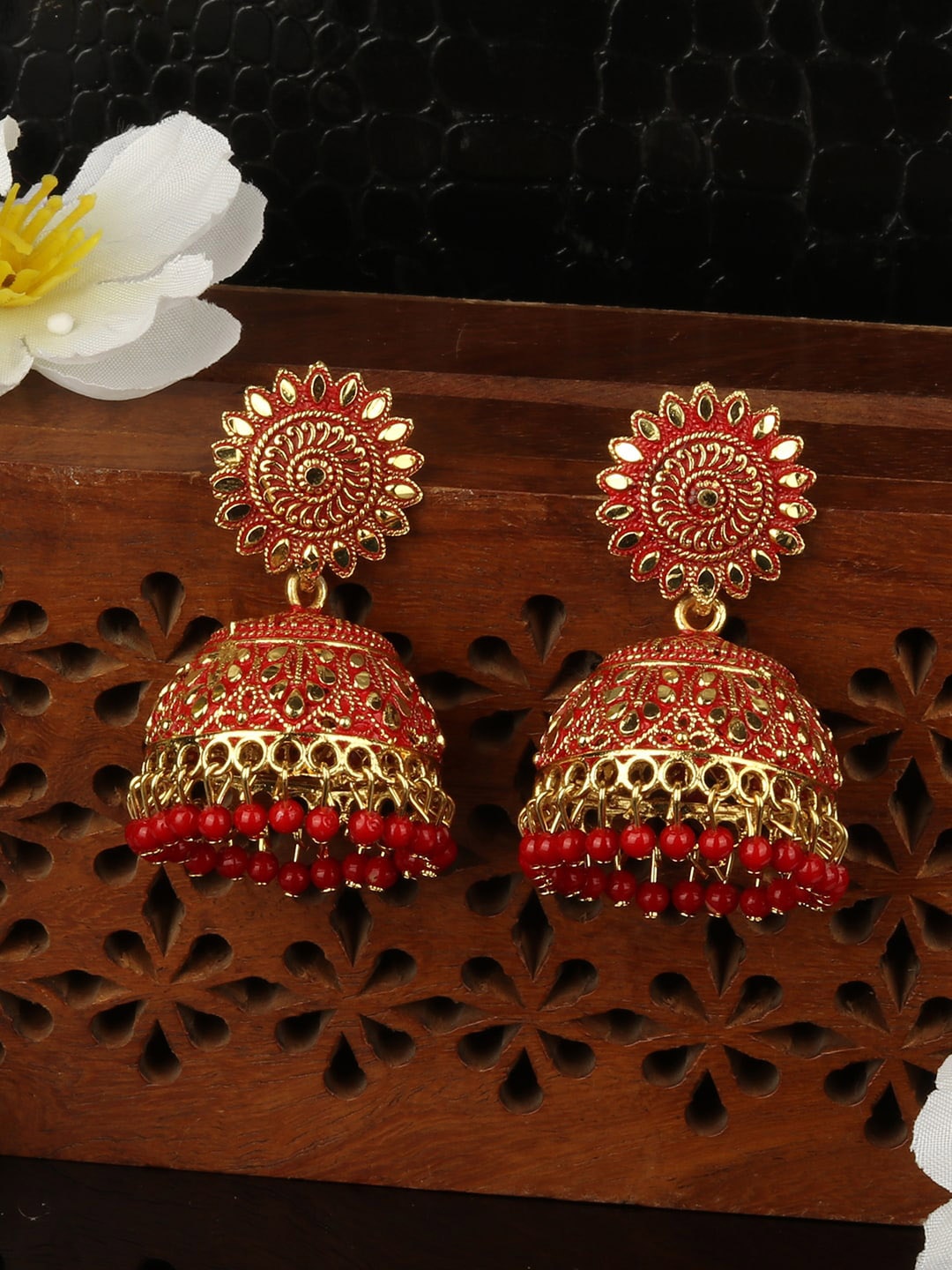 

ANIKAS CREATION Red & Gold-Toned Dome Shaped Jhumkas