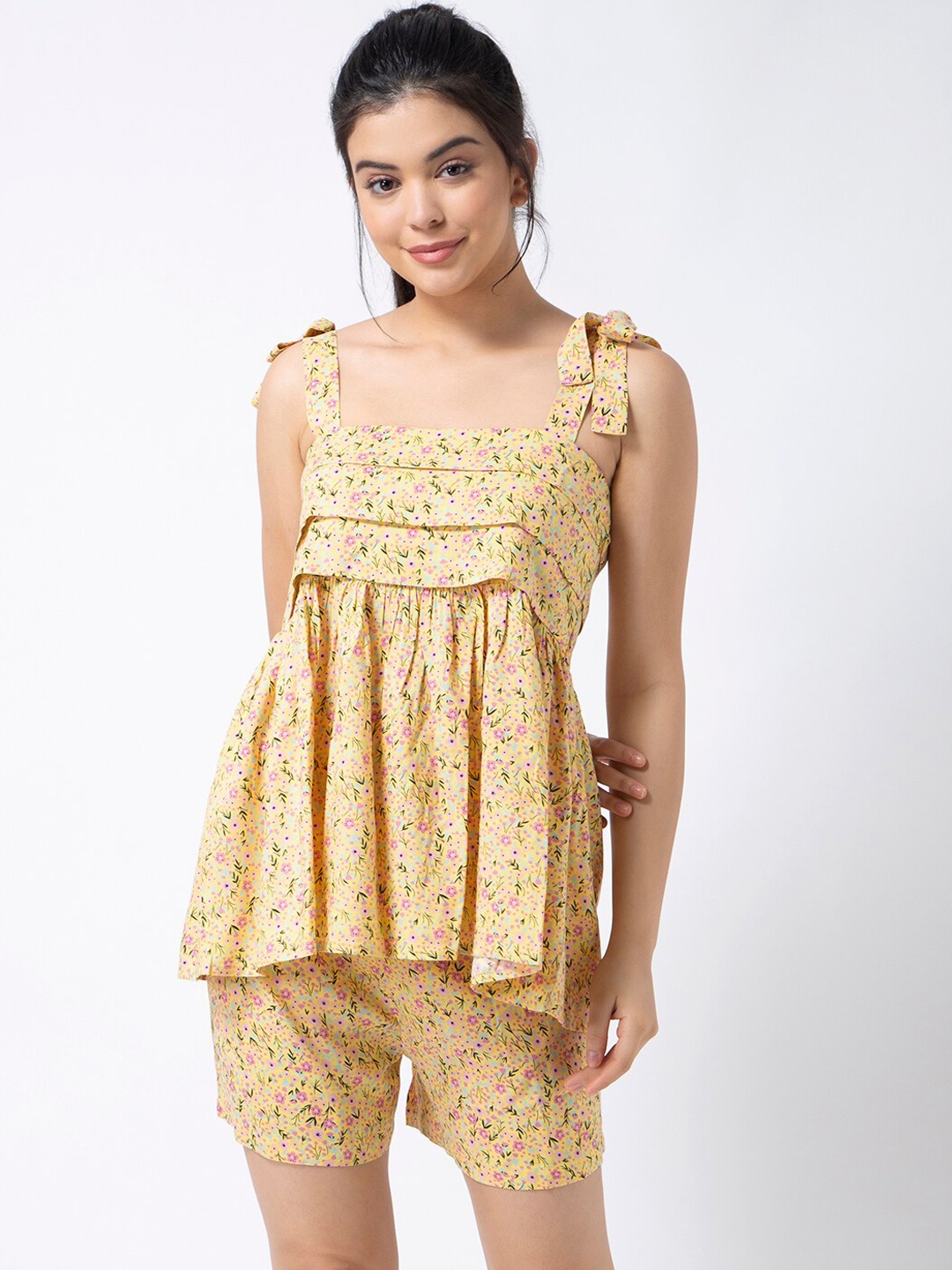 

ADORENITE Women Yellow & Pink Printed Night suit