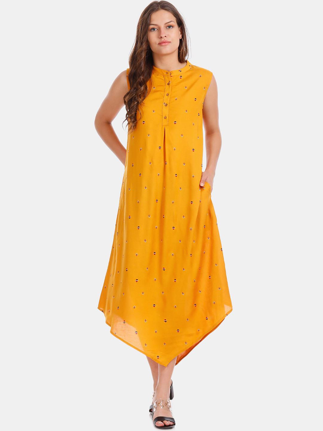 

Karigari Women Mustard Yellow Printed A-Line Dress