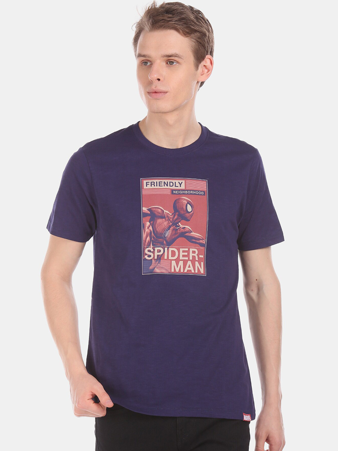 

Colt Men Navy Blue Spiderman Printed Round Neck Pure Cotton T-shirt