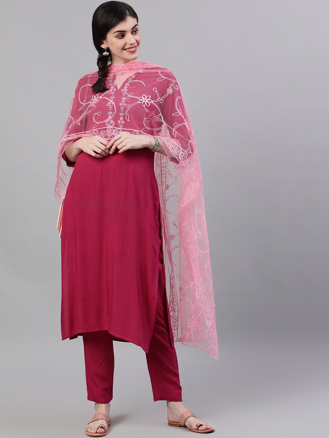 

Nayo Women Burgundy & Pink Solid Kurta with Trousers & Dupatta