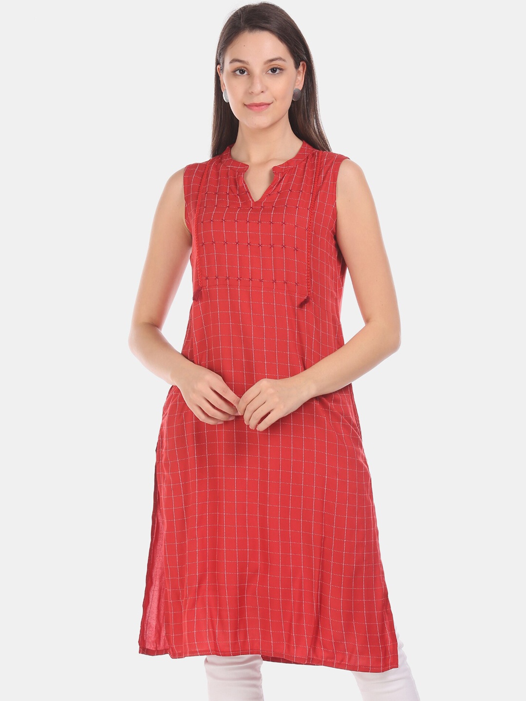 

Karigari Women Rust Red Checked A-Line Kurta