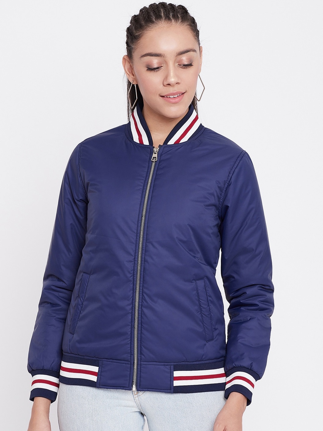 

Austin wood Women Navy Blue Solid Lightweight Bomber
