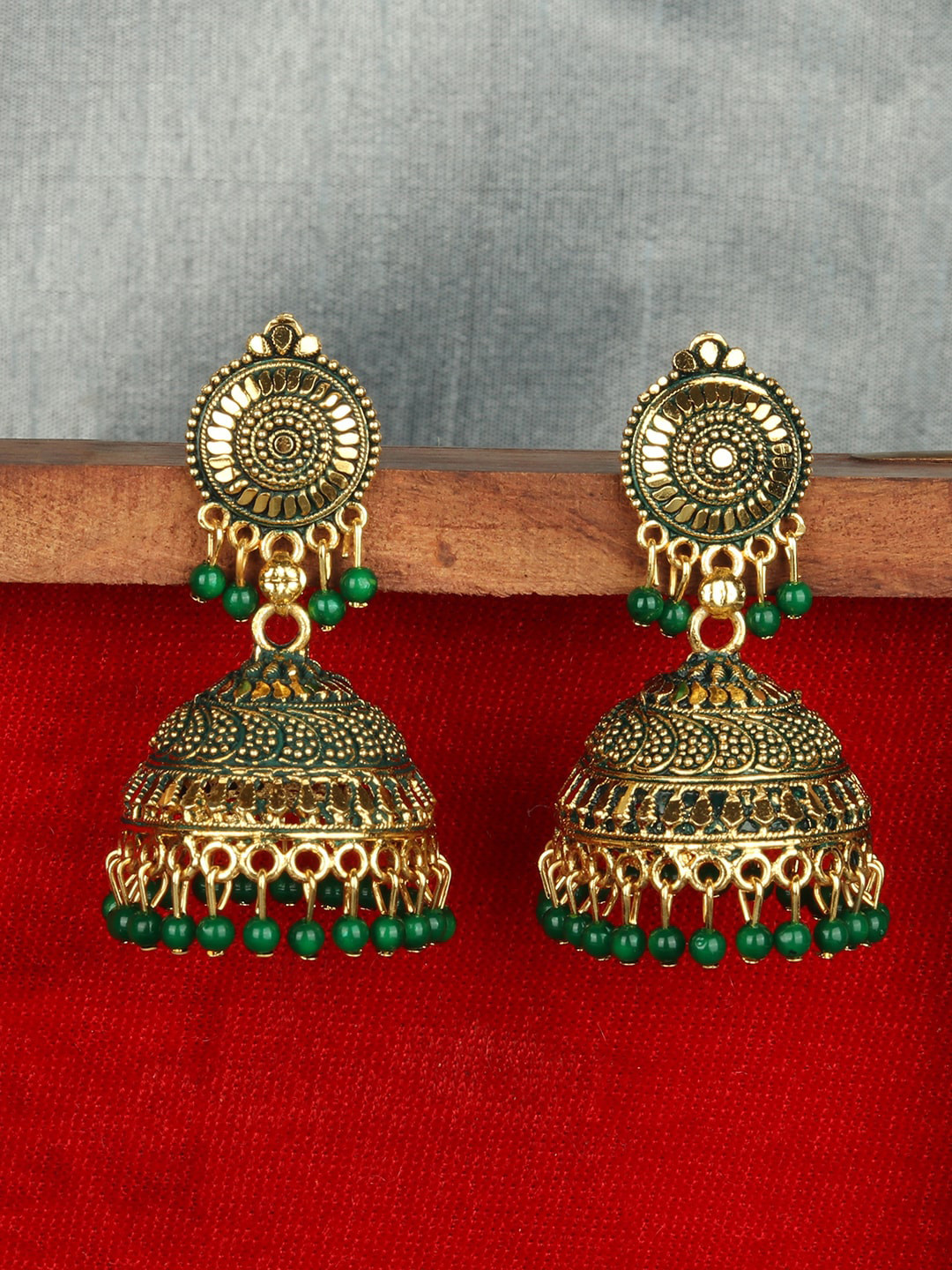 

ANIKAS CREATION Green & Gold-Plated Dome Shaped Jhumkas