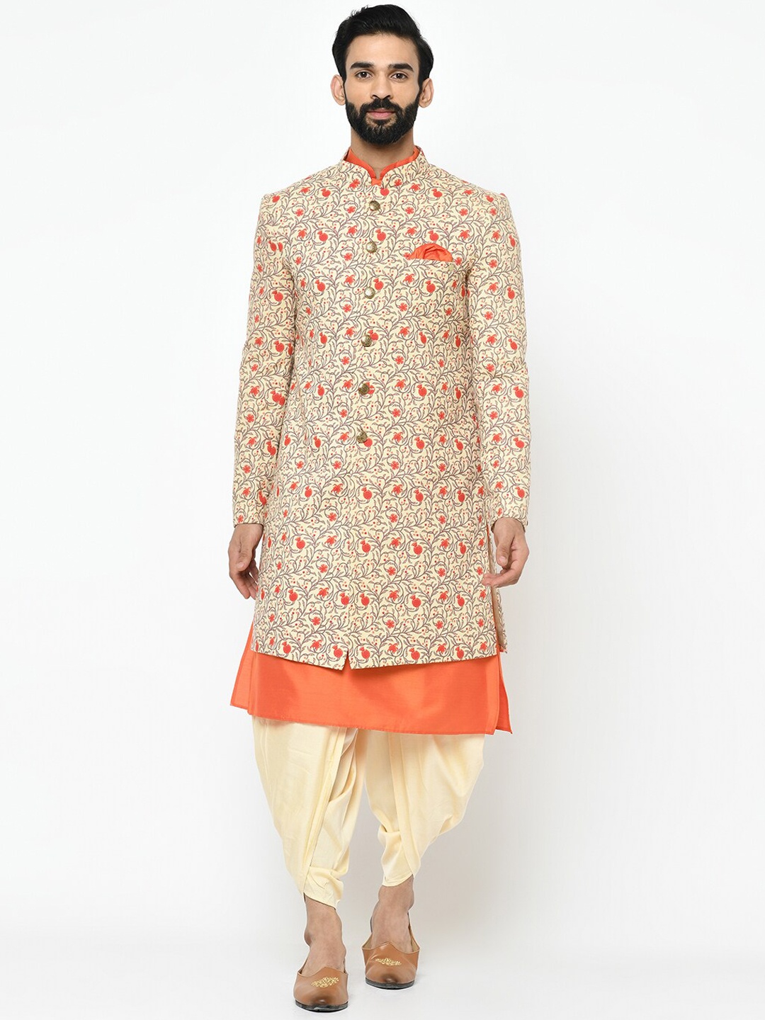 

KISAH Men Cream-Coloured & Orange Printed Indowestern Sherwani Set