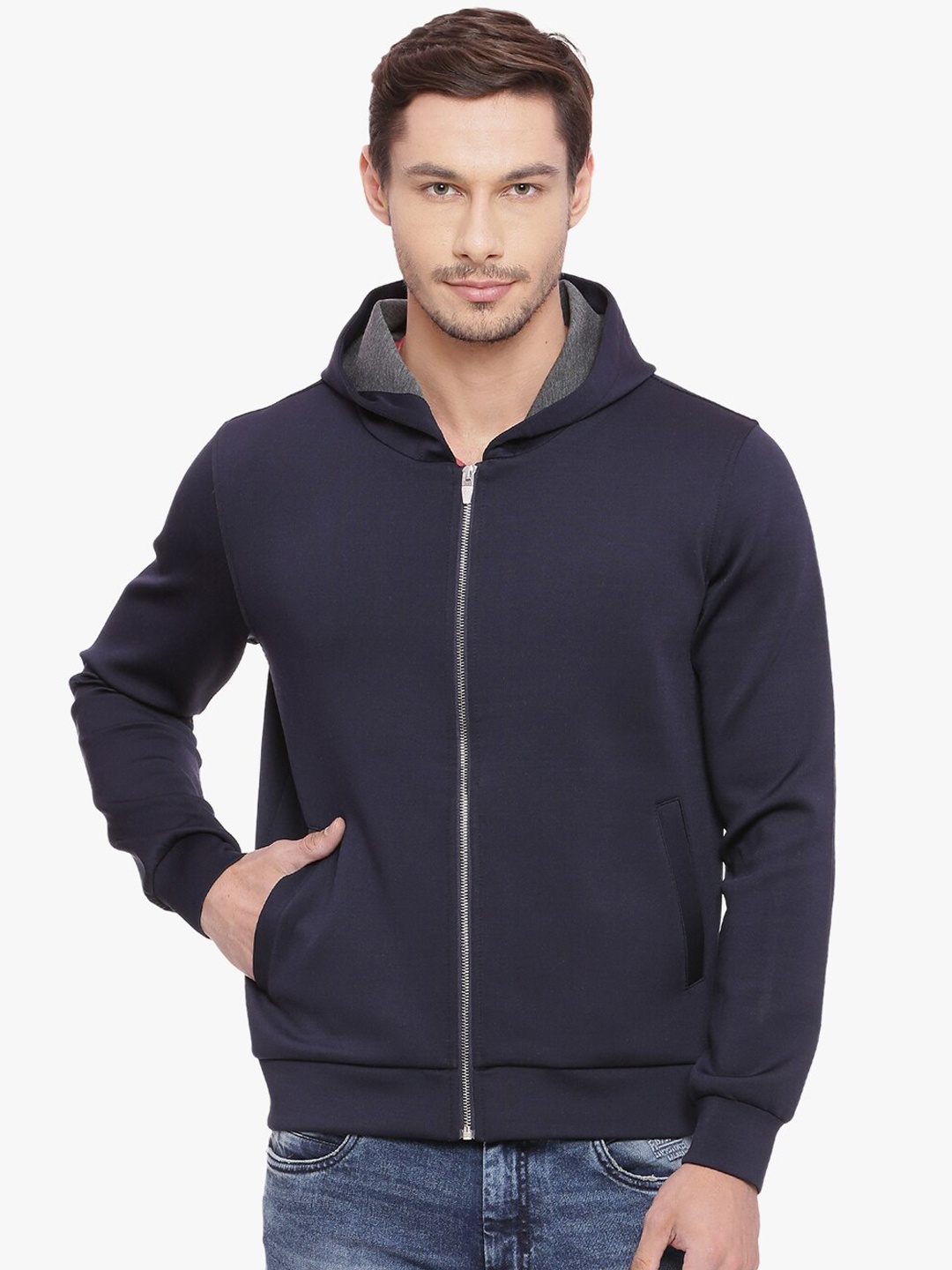 

Basics Men Navy Blue Solid Hooded Sweatshirt