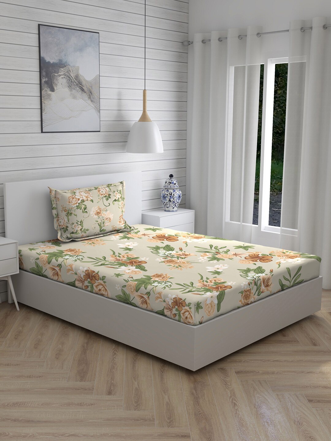 

Layers Beige & Brown Floral 104 TC Cotton 1 Single Bedsheet with 1 Pillow Cover