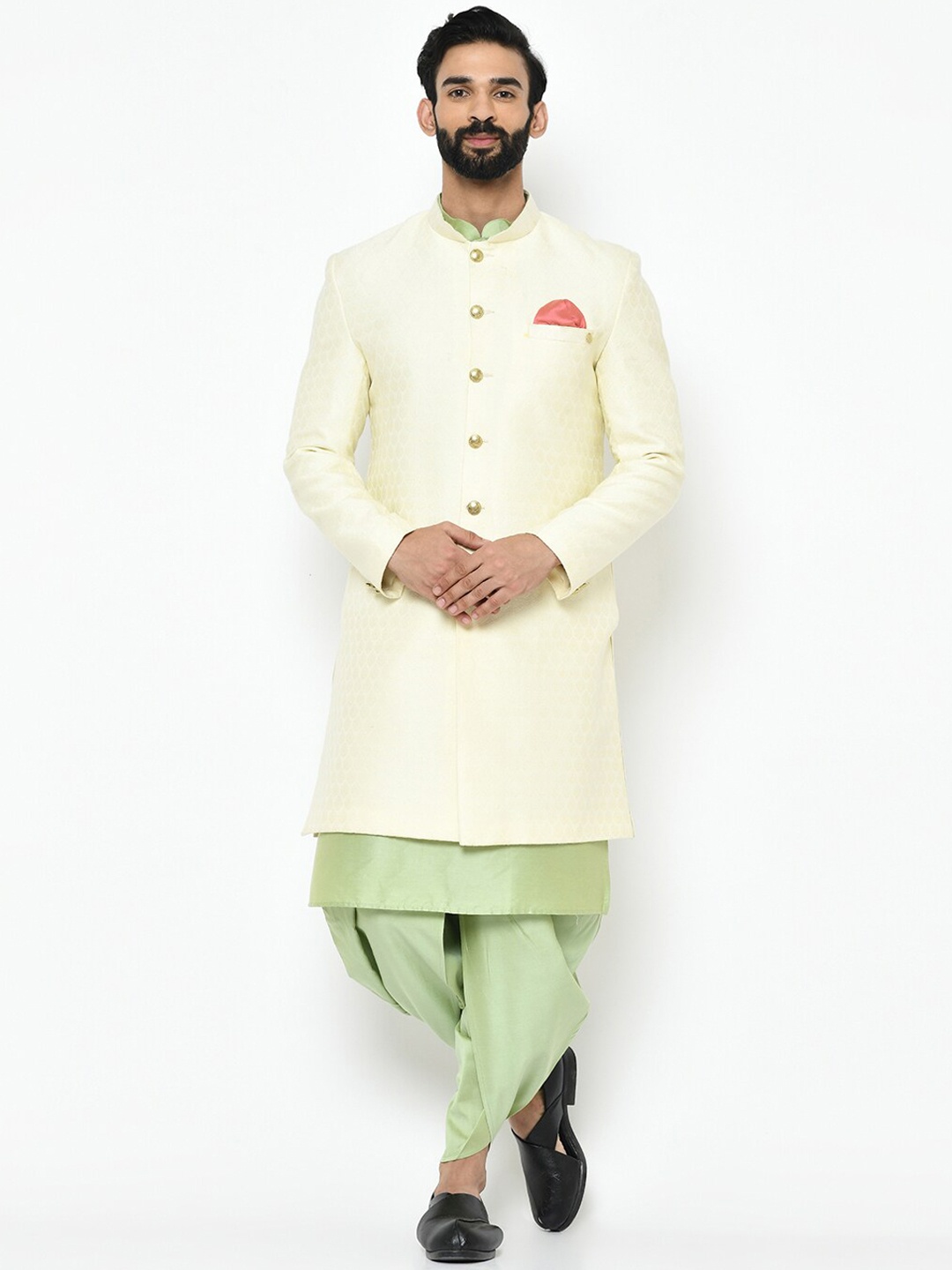 

KISAH Men Off-White & Green Woven Design Indowestern Sherwani Set