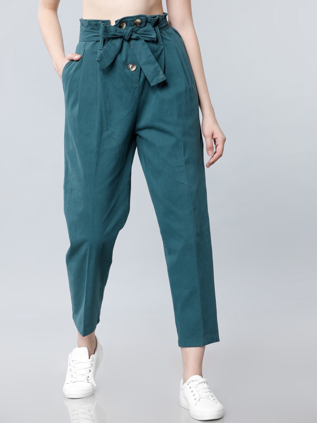 

Tokyo Talkies Women Teal Blue Regular Fit Solid Peg Trousers