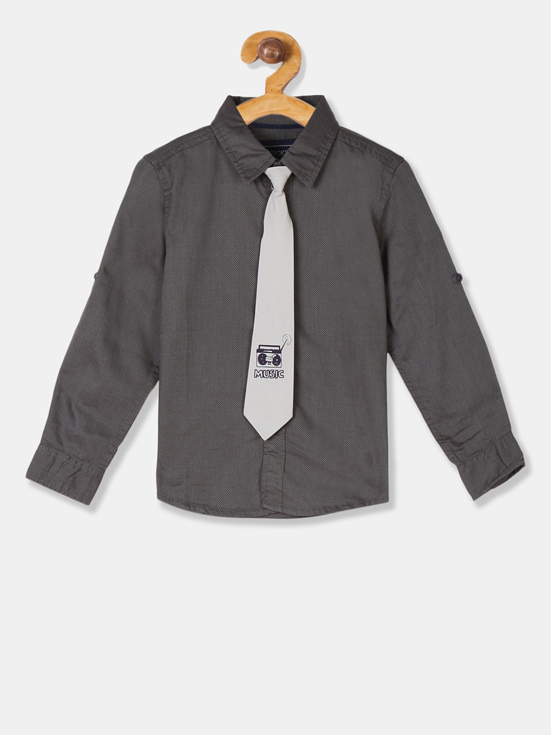 

Cherokee Boys Charcoal Grey Regular Fit Solid Casual Shirt with Tie