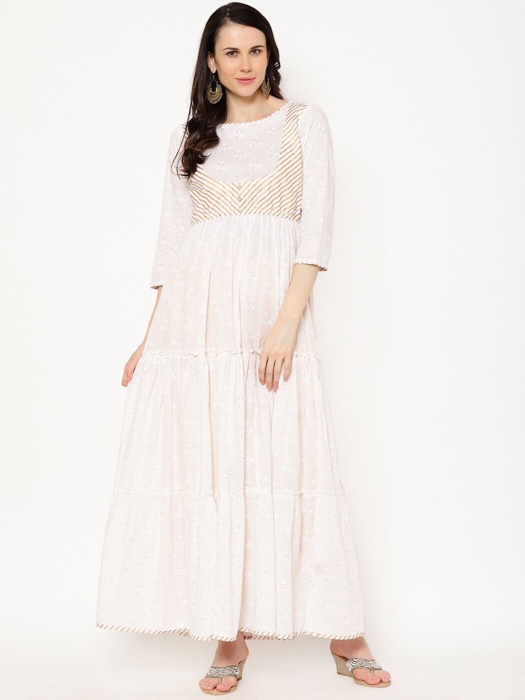 

Ramas Women White & Gold-Toned Striped Anarkali Kurta