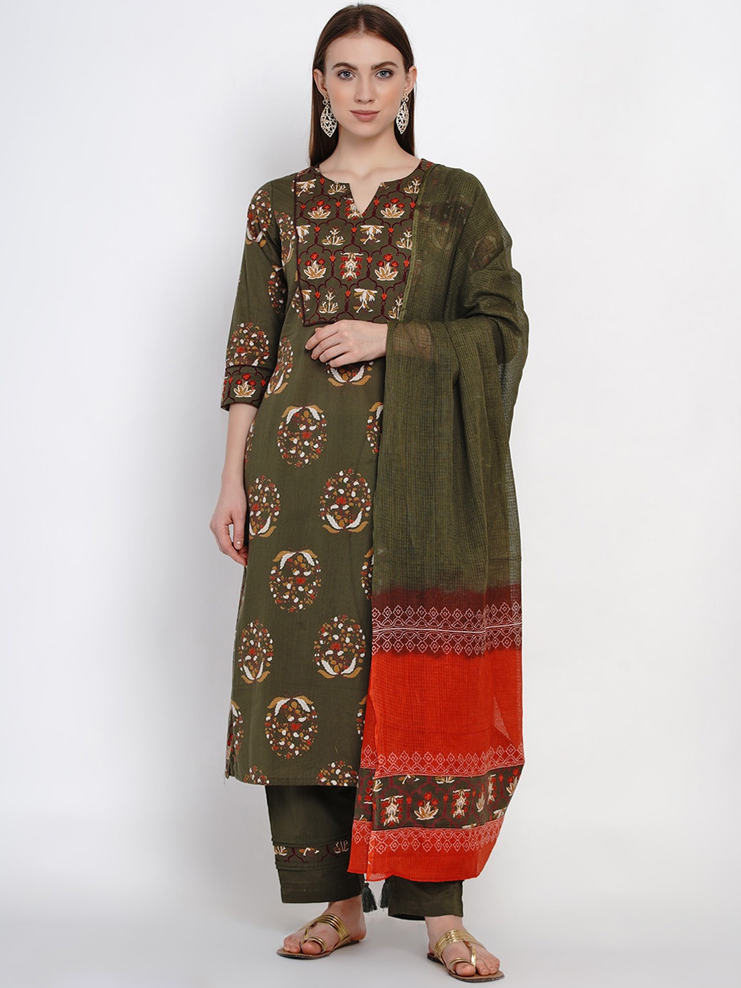 

Yuris Women Olive Green & Brown Printed Kurta with Trousers & Dupatta