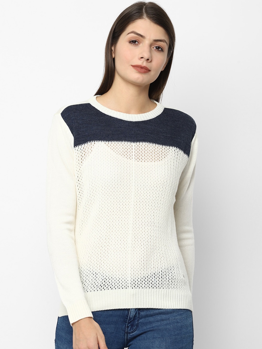 

Allen Solly Woman White & Navy Blue Colourblocked Pullover Sweater