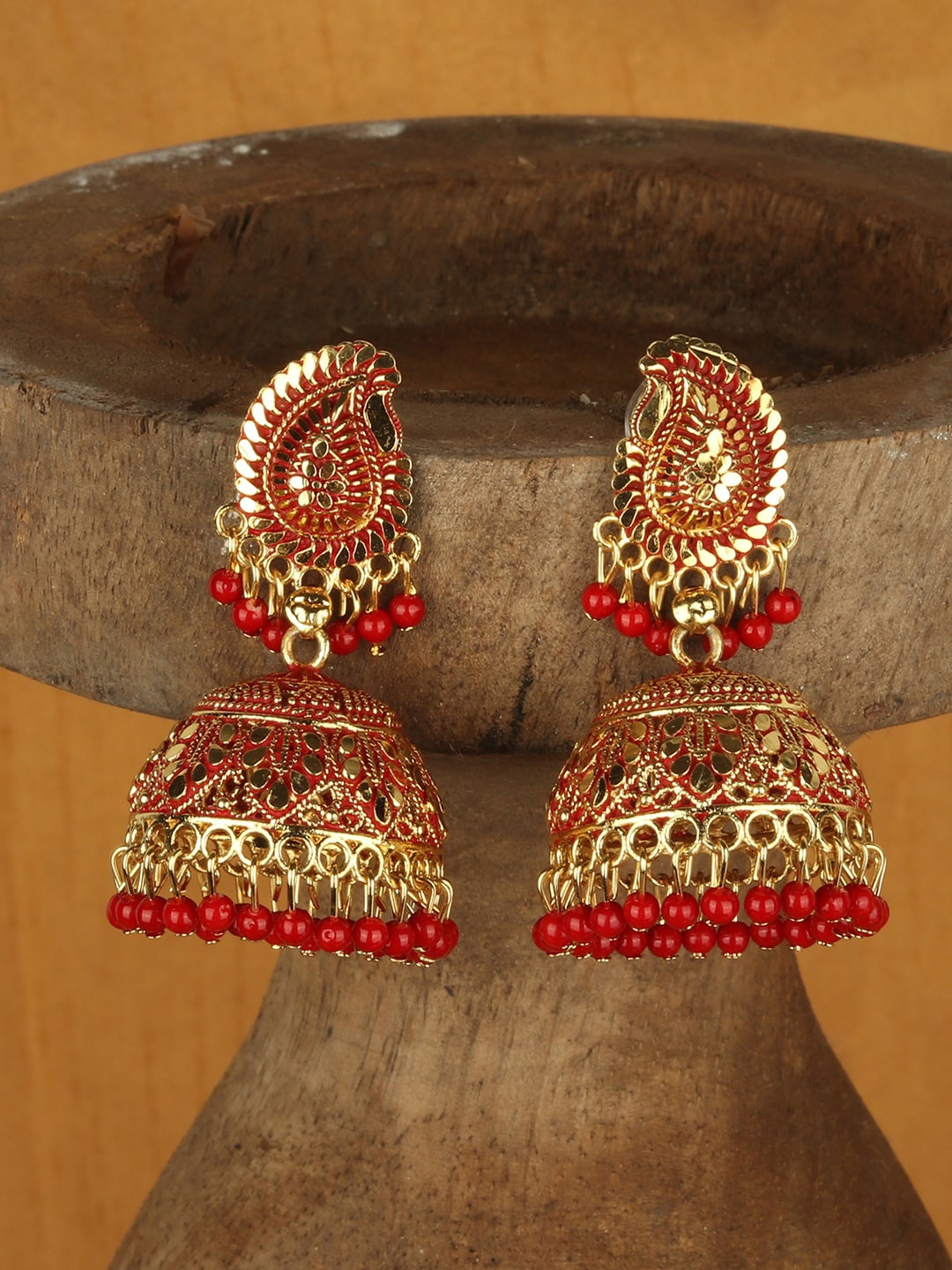 

ANIKAS CREATION Red & Gold-Toned Paisley Shaped Jhumkas