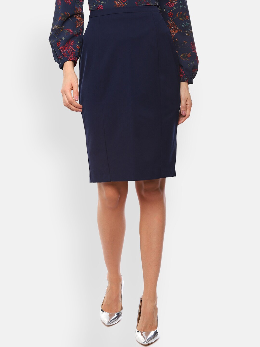 Van Heusen Woman Women Navy Blue Solid Formal Pencil Skirt