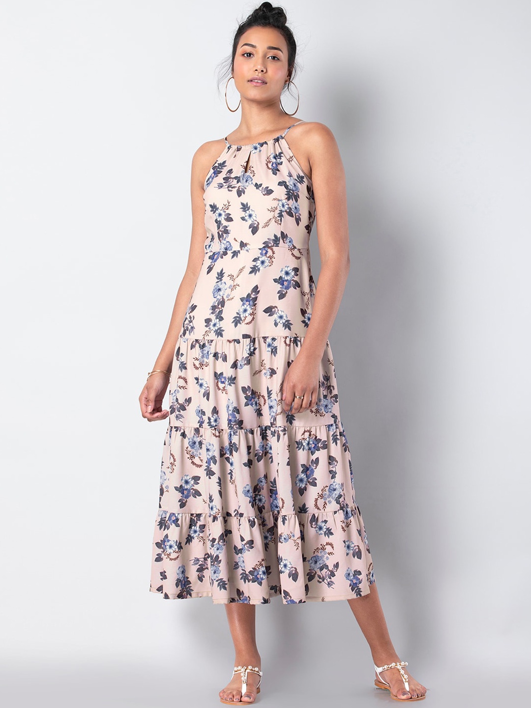 

FabAlley Women Beige Printed Fit and Flare Dress