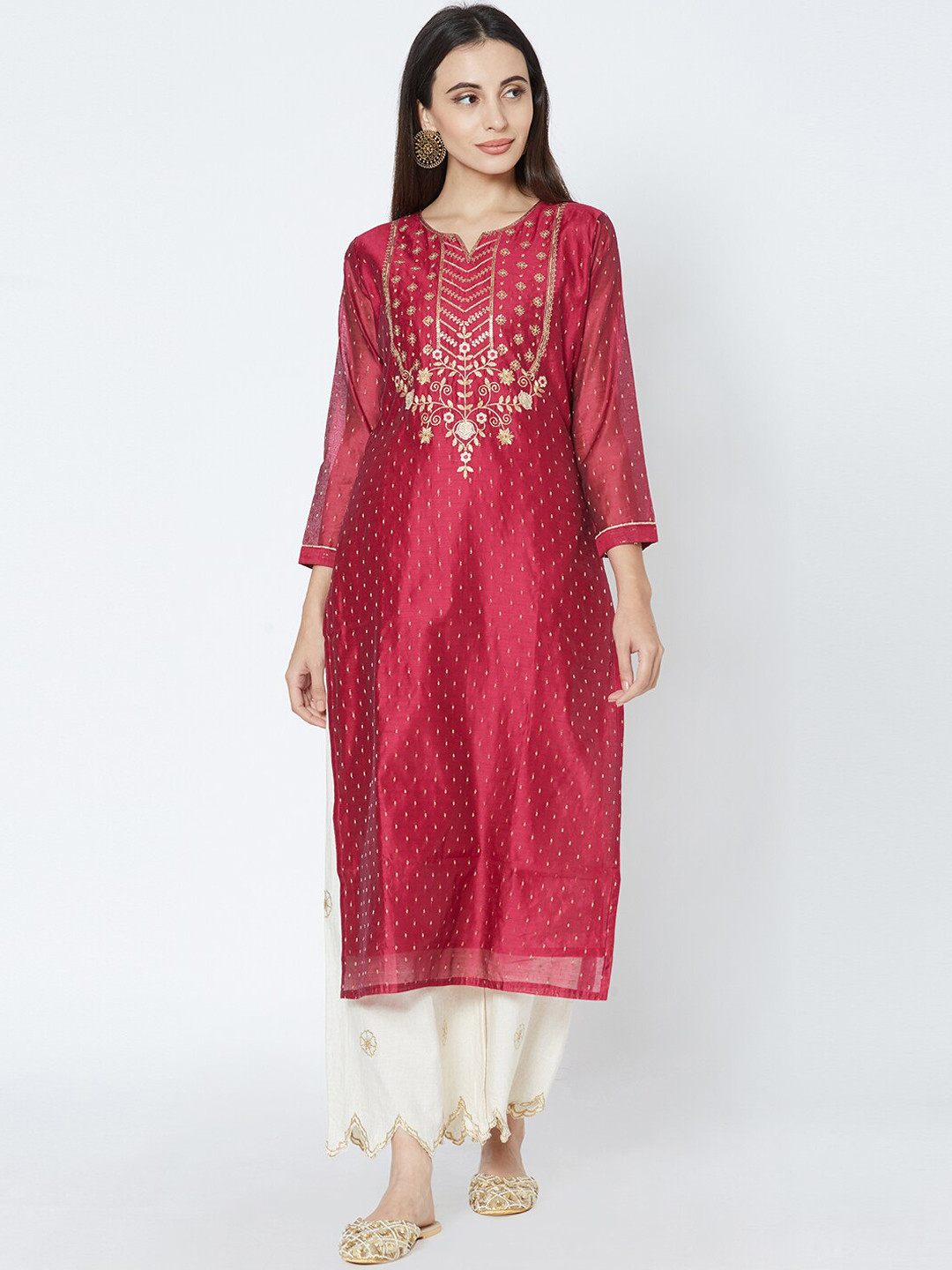 

FASHOR Women Maroon & Gold-Coloured Embellished Straight Kurta