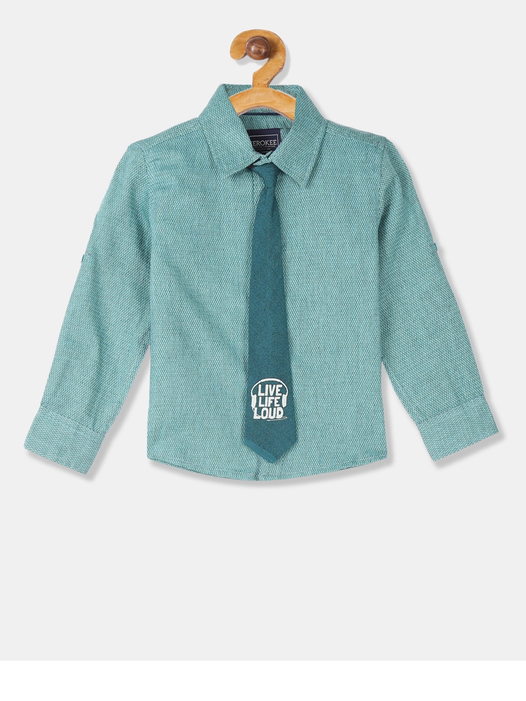 

Cherokee Boys Green Regular Fit Self Design Casual Shirt With Neck Tie