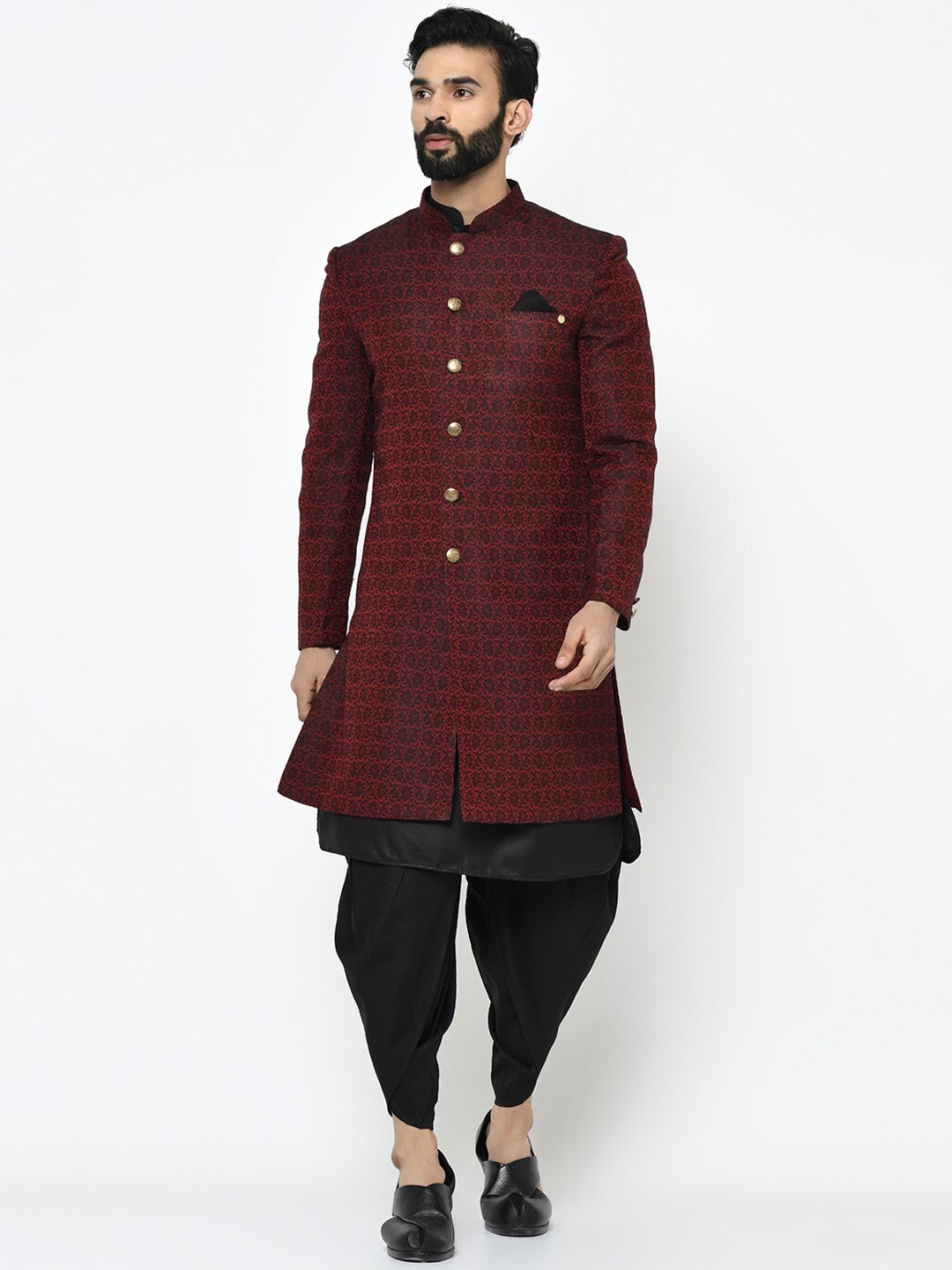 KISAH Men Maroon and Black Kurta Indowestern Sherwani Set