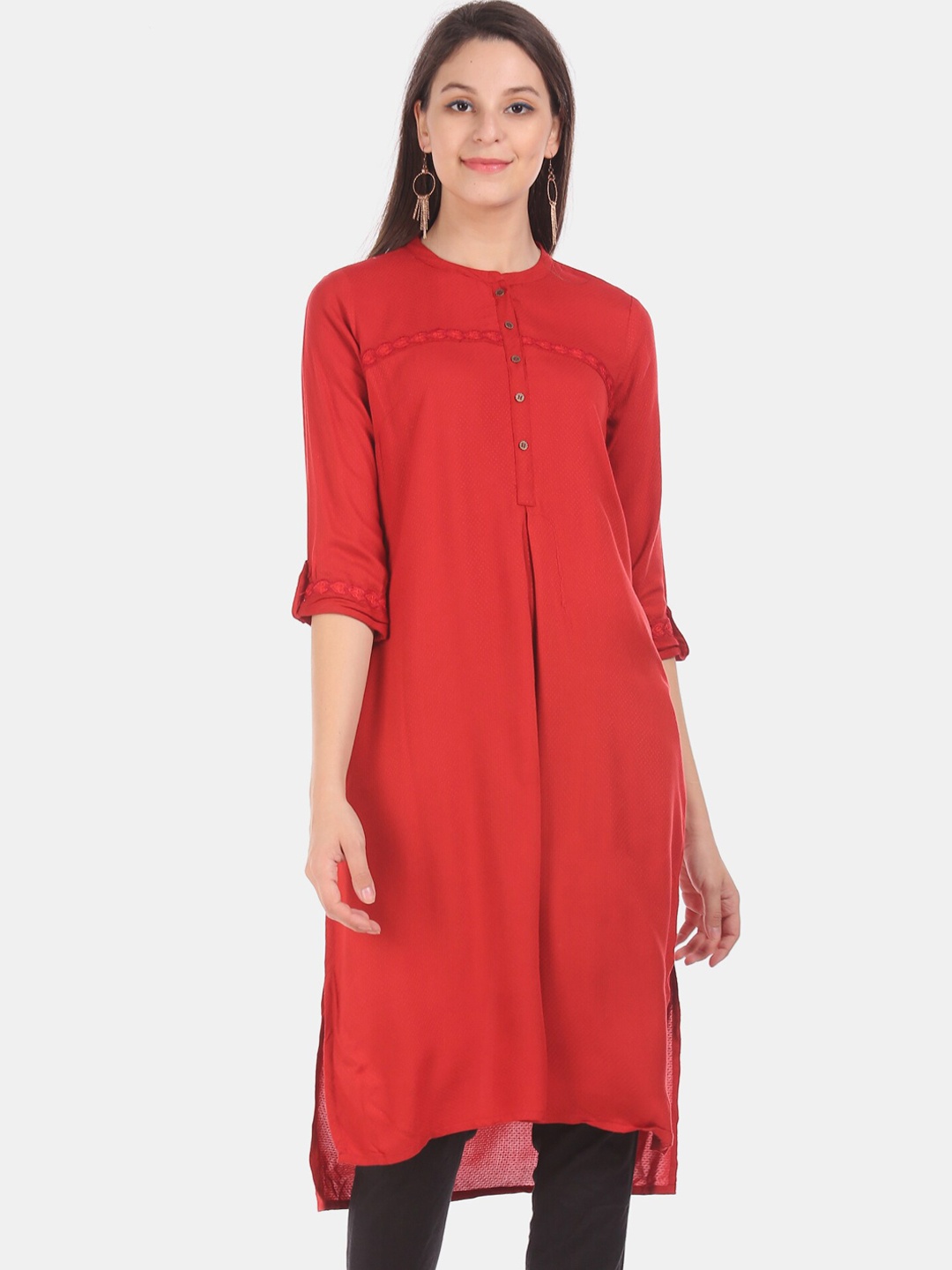 

Karigari Women Red Woven Design Straight Kurta