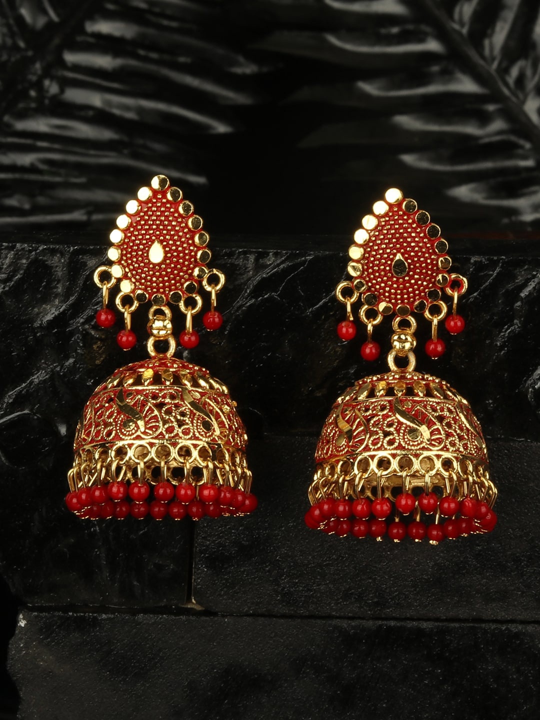 

ANIKAS CREATION Red & Gold-Plated Teardrop Shaped Jhumkas