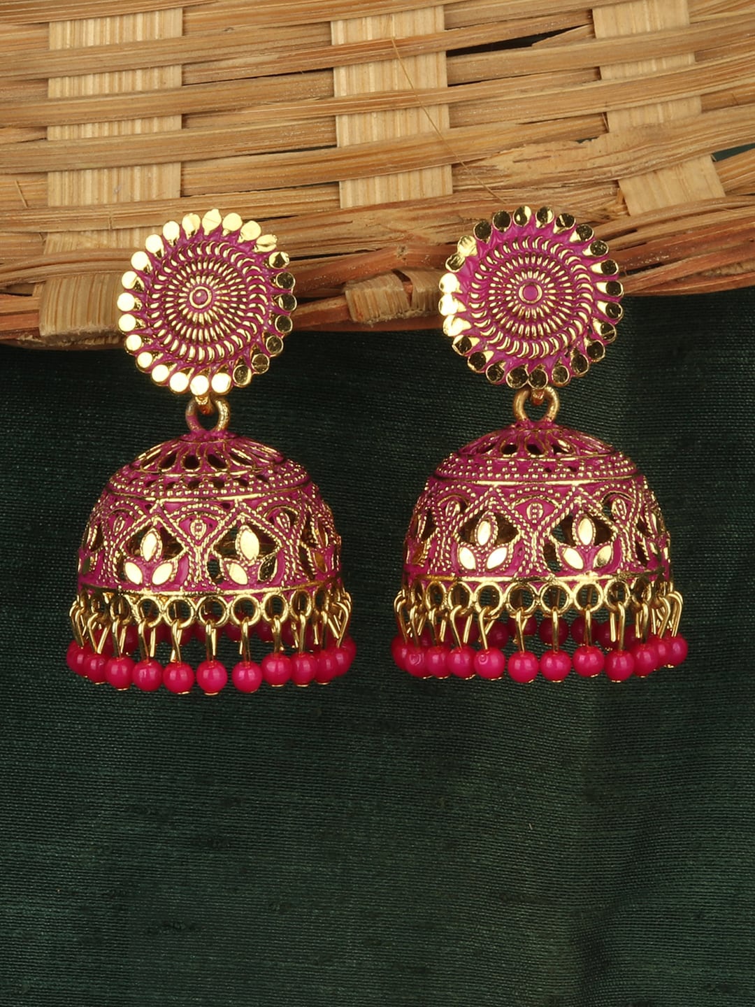

ANIKAS CREATION Magenta & Gold-Toned Dome Shaped Jhumkas