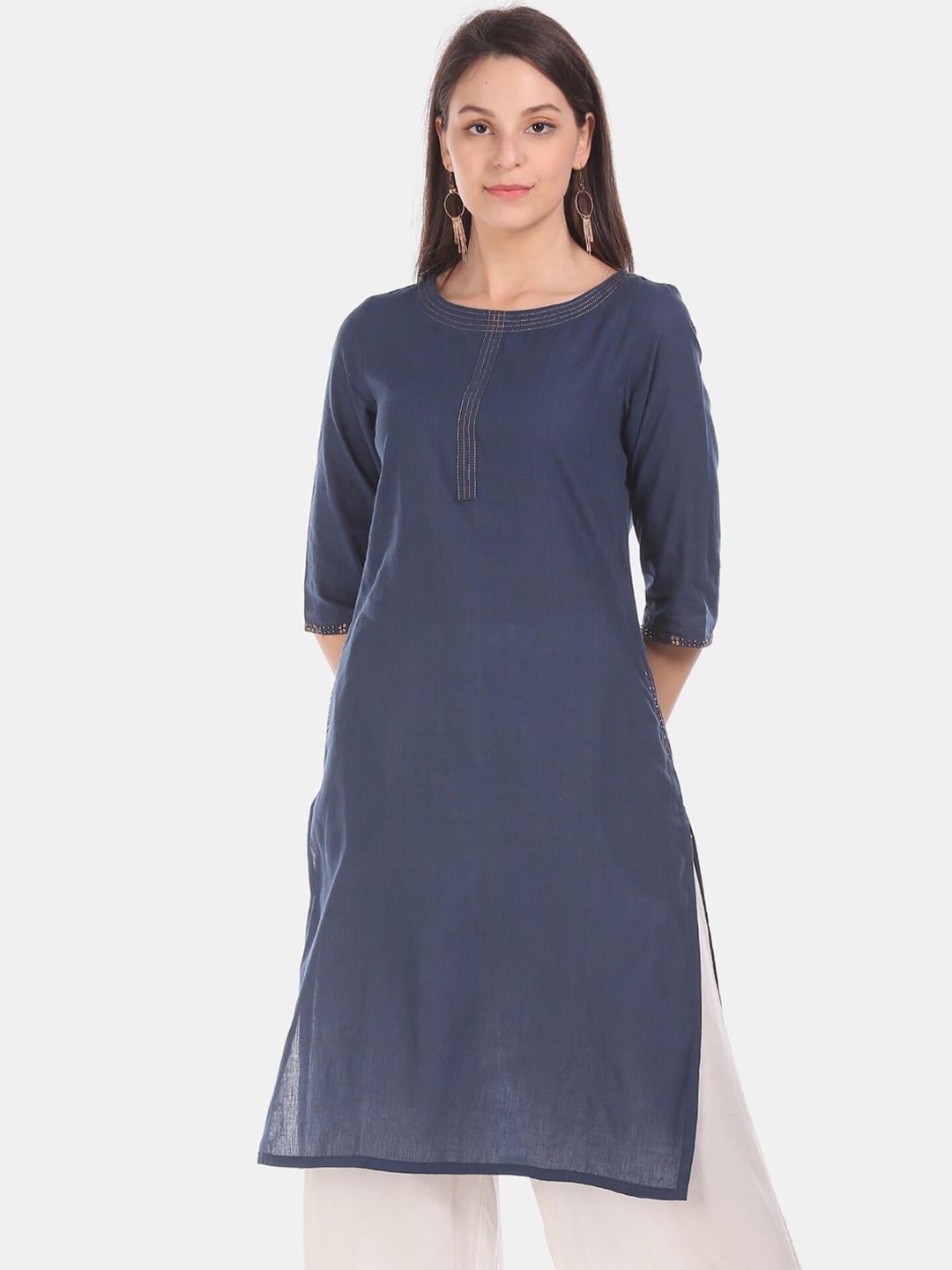 

Karigari Women Navy Blue Solid Straight Kurta