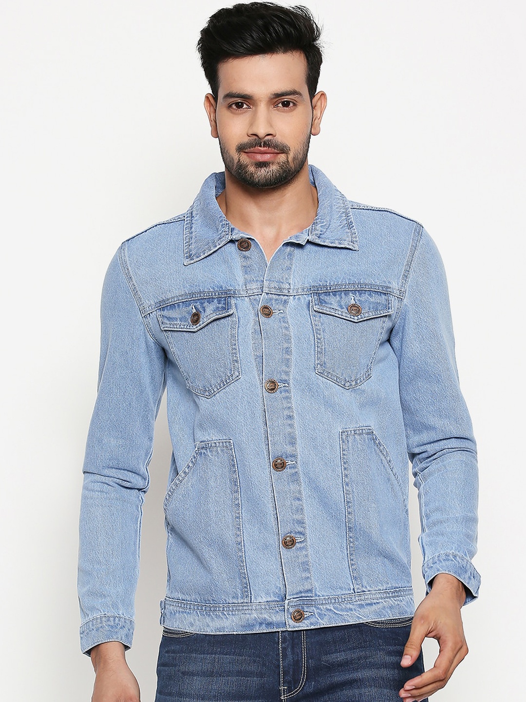 

High Star Men Blue Solid Denim Jacket